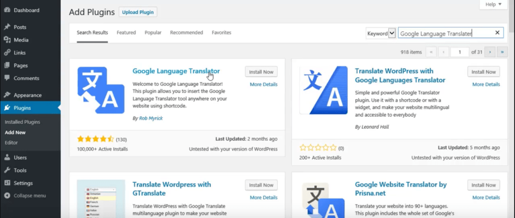 WordPress Google translater