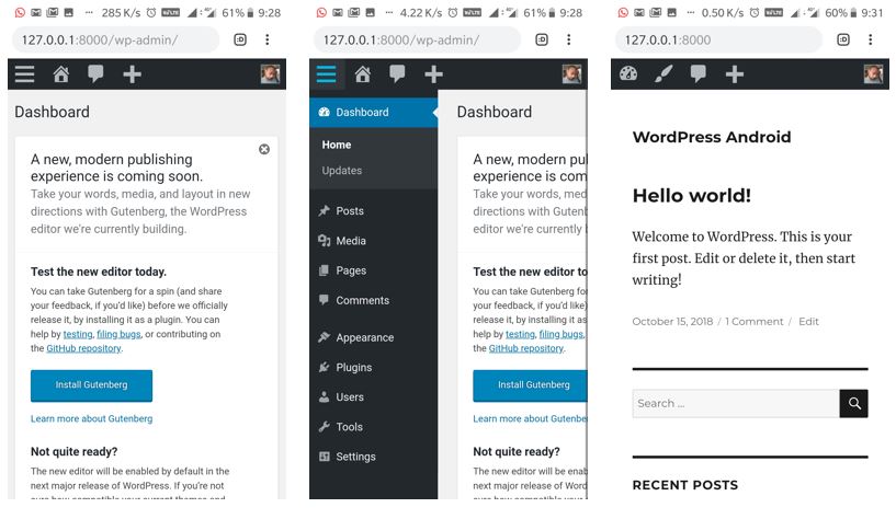 WordPress succesfully installed on the Android APache web server using ksweb