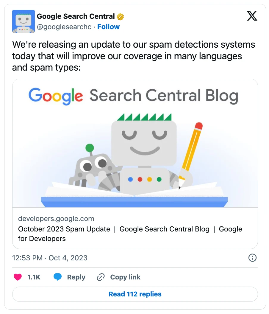 Google Tweet about October 2023 Spam Update