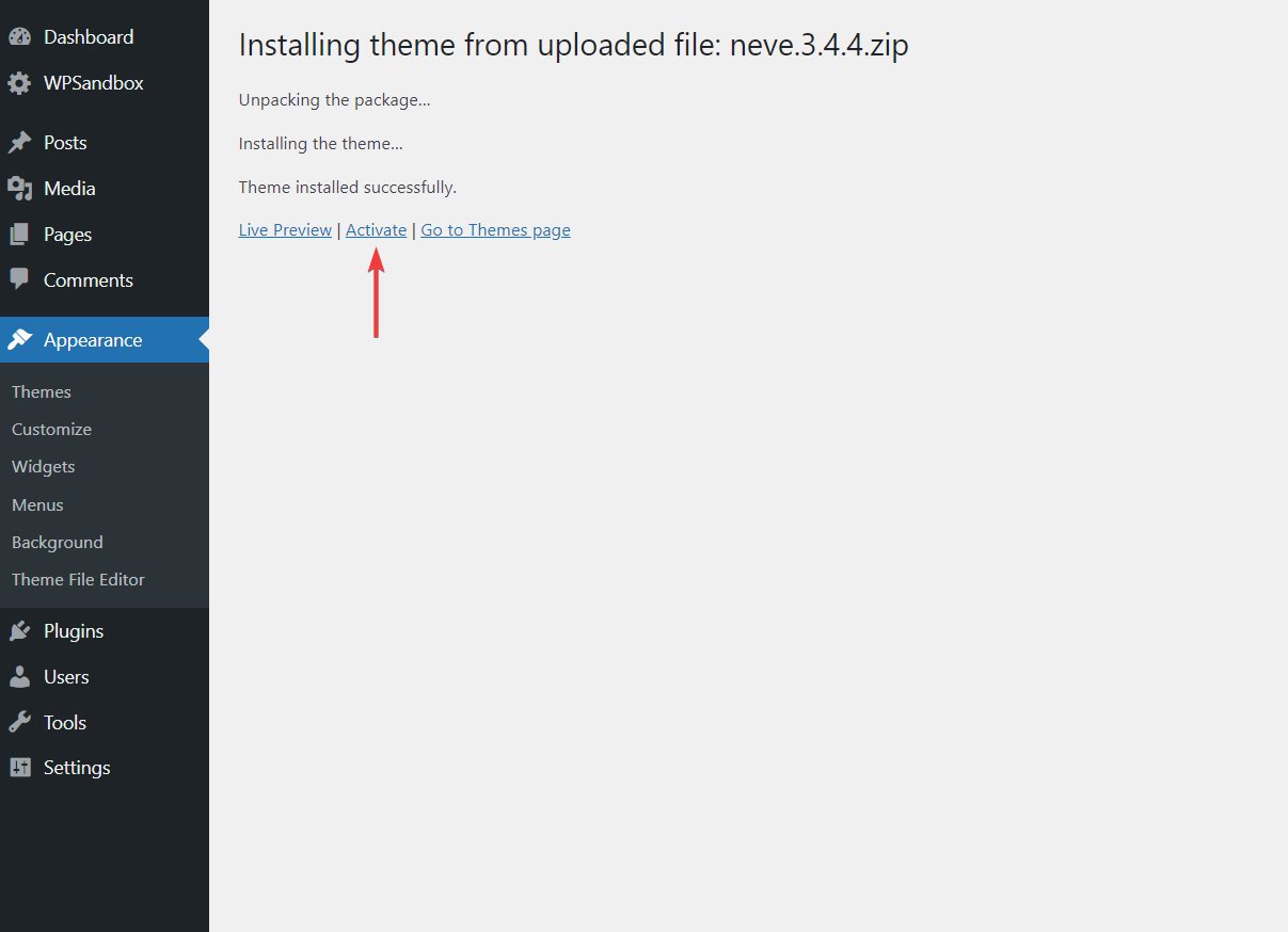 activating wordpress theme
