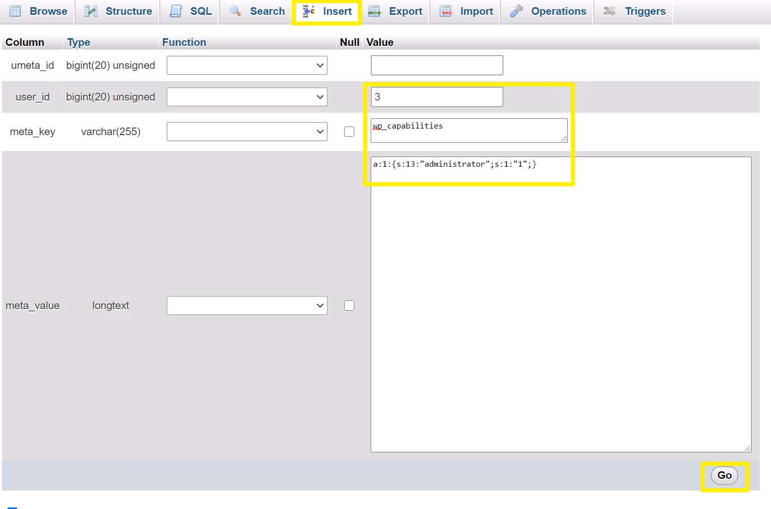 Add user meta values to the new admin user