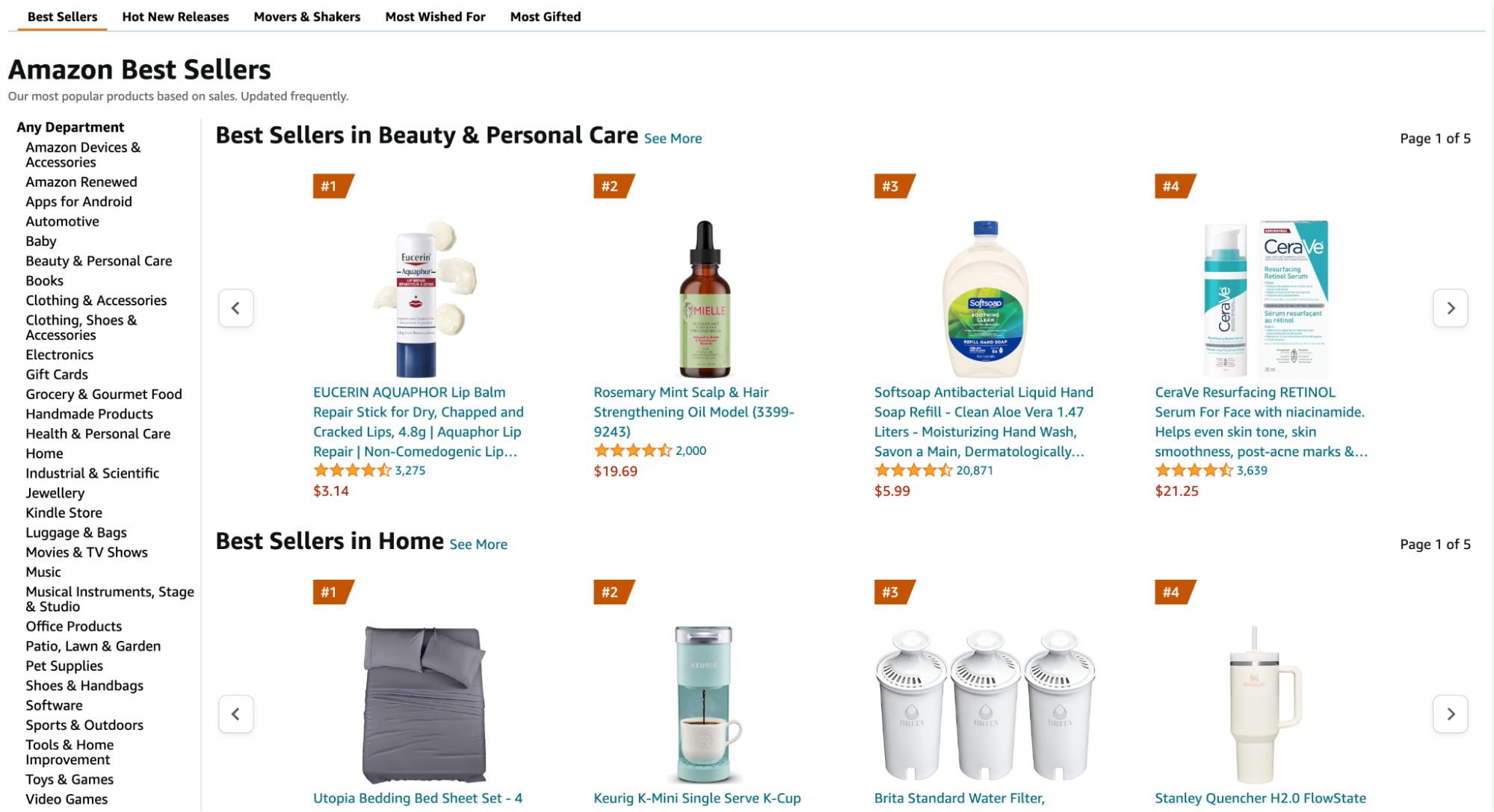 Amazon Best Sellers page with popular products based on sales