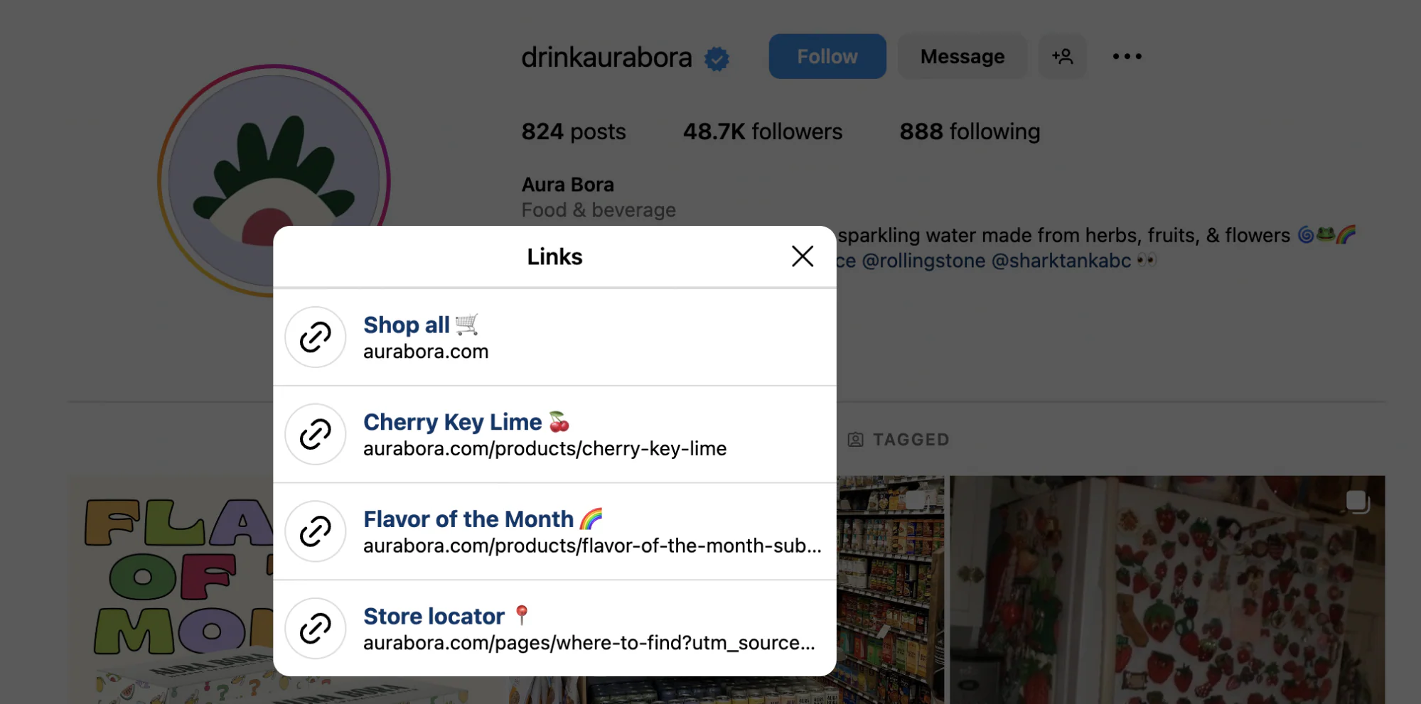 Screenshot of the links from Aura Bora’s Instagram bio. Links direct shoppers to the brand’s online store, its flavor of the month, and a store locator.