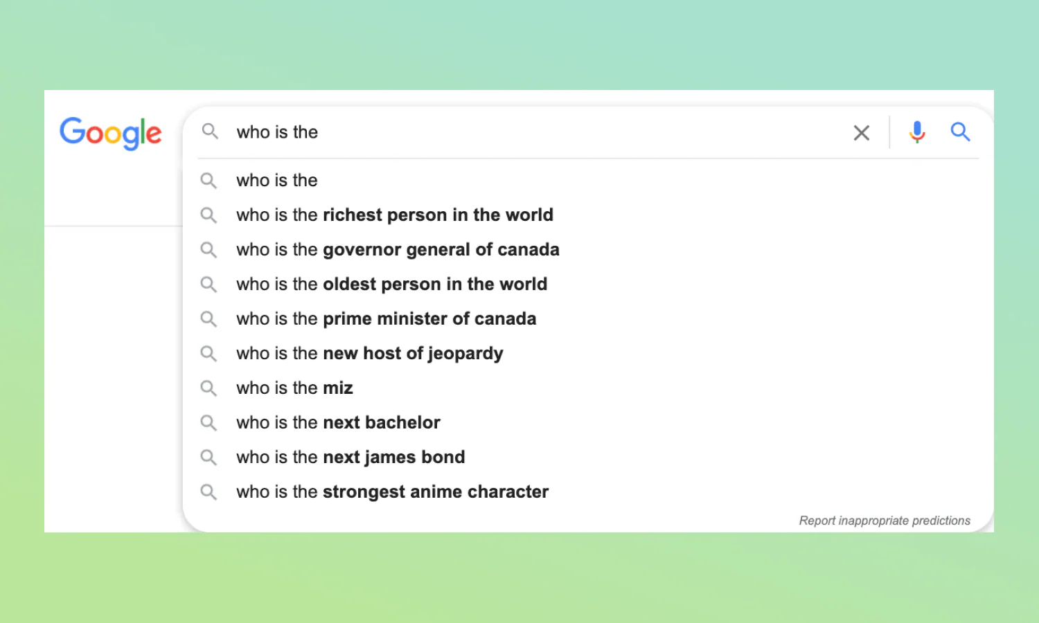 Google autocomplete predictions for the query, “who is the…”