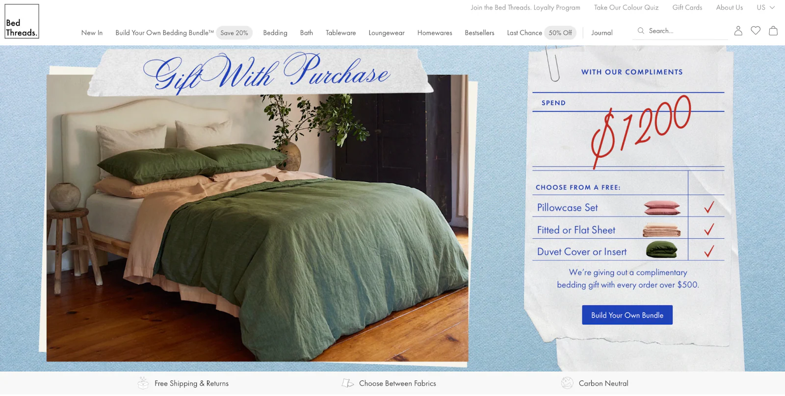 A webpage photo for bedding retailer Bed Threads features a custom set.