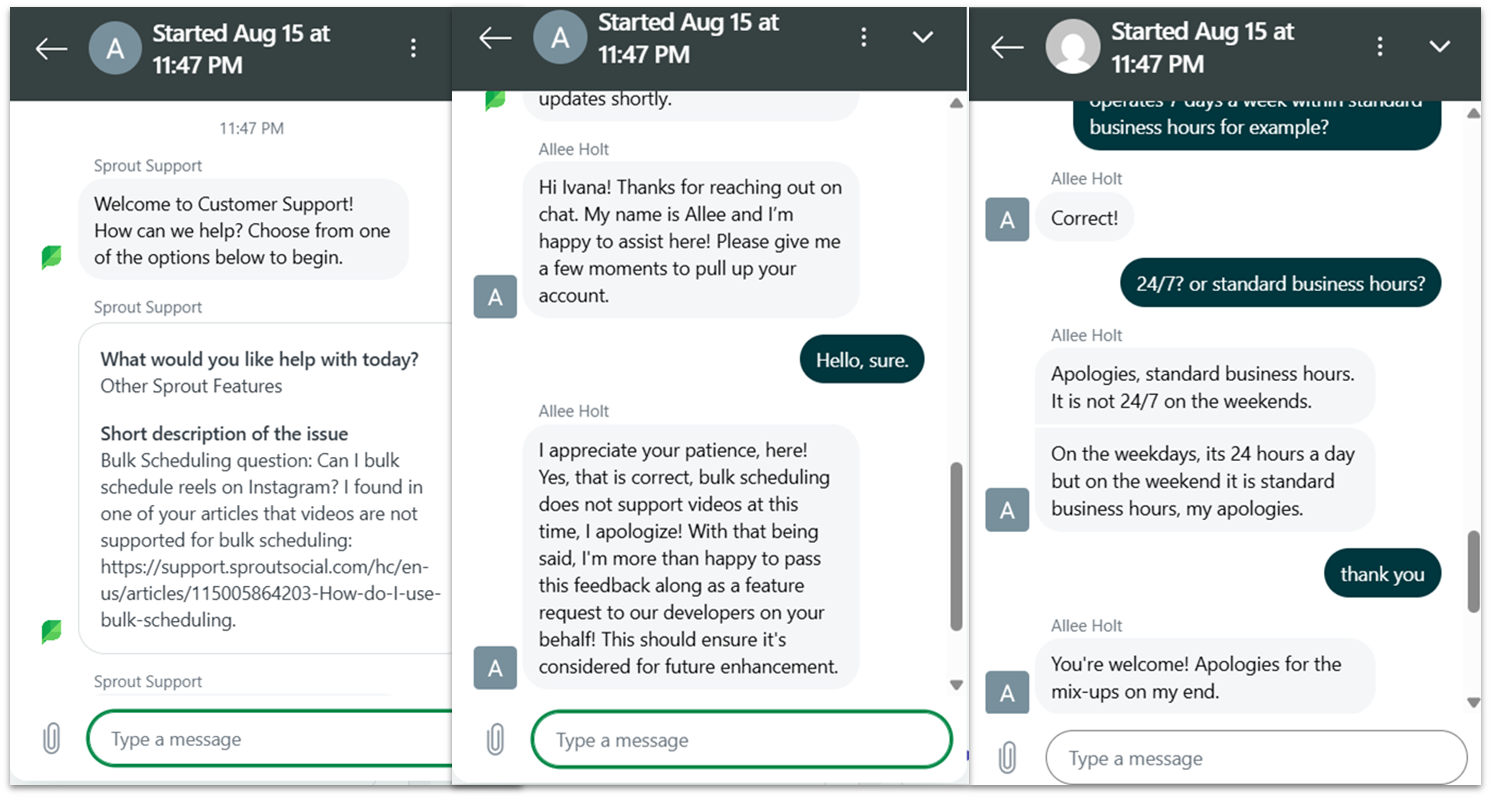 Live chat conversation about bulk scheduling and support availability with Sprout Social.