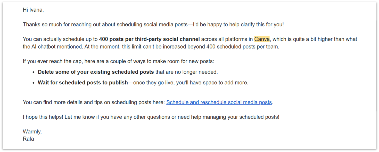Conversation with Canva's email support over the number of scheduled posts.
