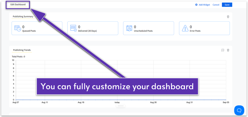 SocialPilot's drag-and-drop dashboard editor.