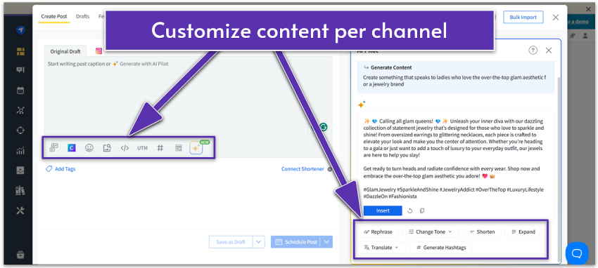 Showcasing SocialPilot's post creation and customization features.