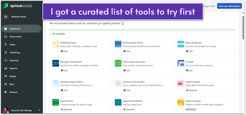 Sprout Social's dashboard with a list of suggested tools for beginners.