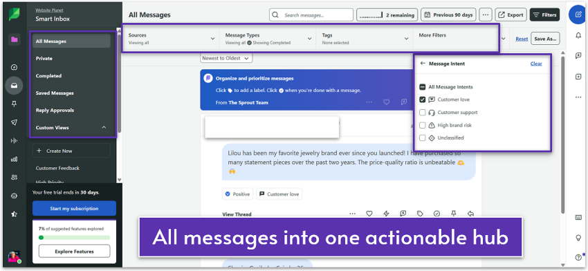 Inside Sprout Social's Smart Inbox, filtering messages by "Customer love" message intent.
