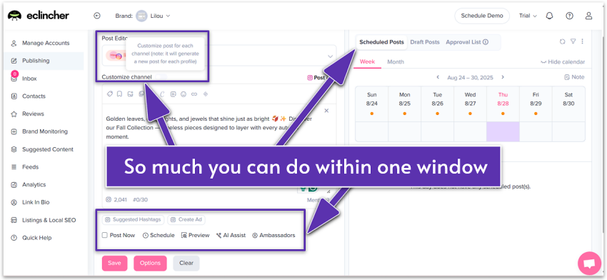 showcasing the features within eClincher's post editor and content calendar interface.