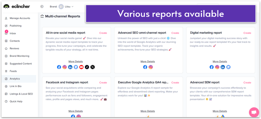 Types of multi-channel reports available at eClincher.