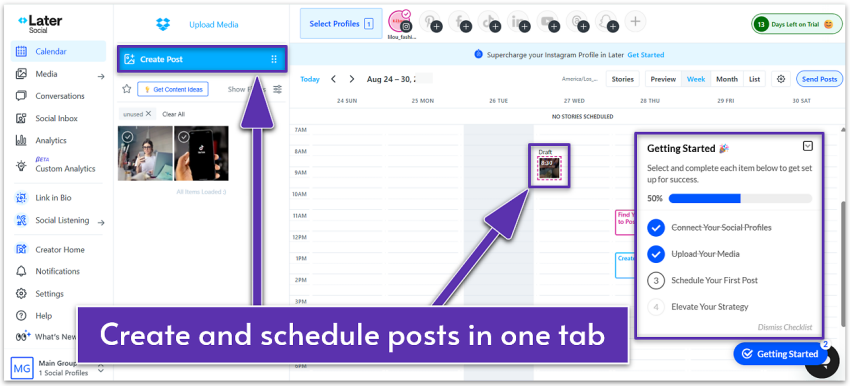 Later's dashboard with "Getting Started" checklist.