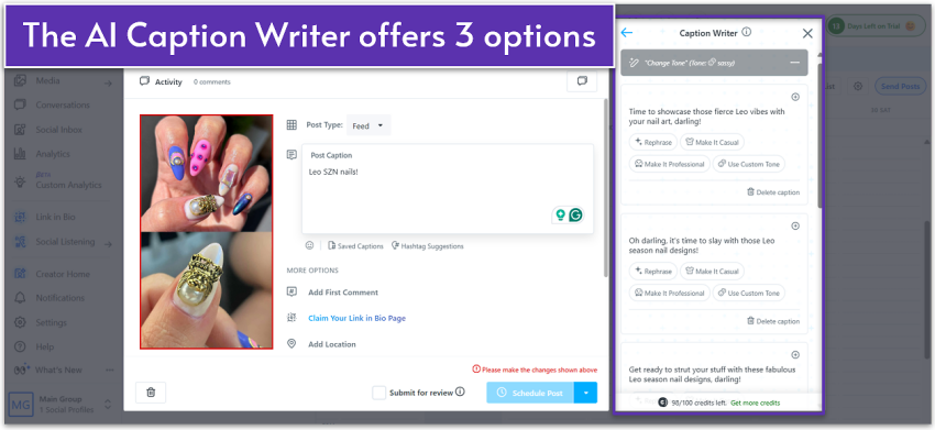 Generating captions with AI about a nail-related post inside Later's post editor.