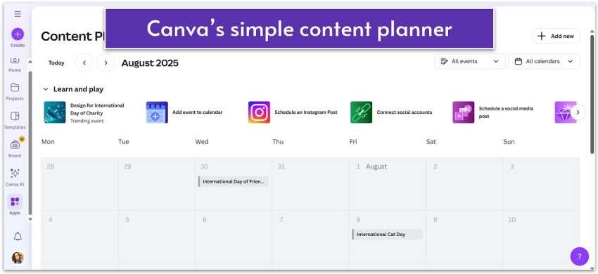 Canva social media content planner and calendar.