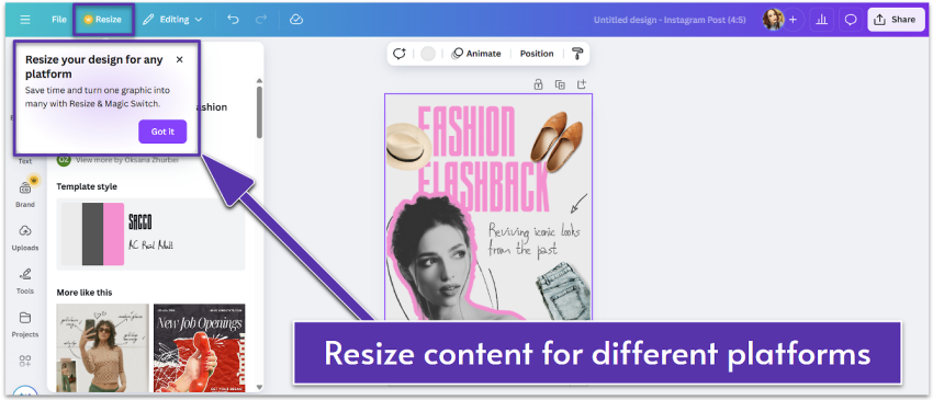 Inside Canva's editor showcasing The Magic Switch feature.