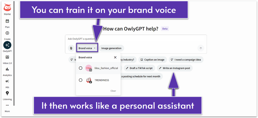 Showcasing the interface of Hootsuite's AI-powered assistant OwlyGPT.