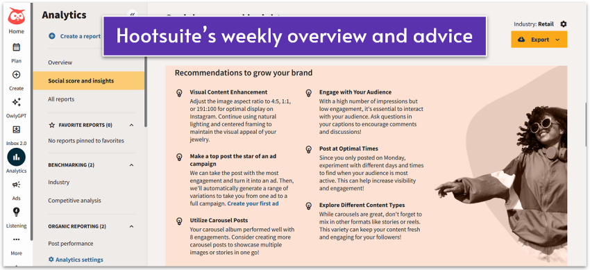 Hootsuite's recommendations for brand growth as part of its weekly reports.