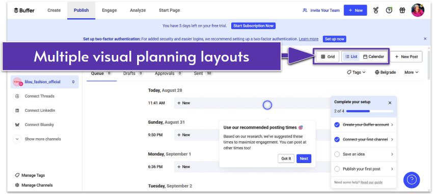 Showcasing Buffer's visual planning layouts within its "Publish" interface.