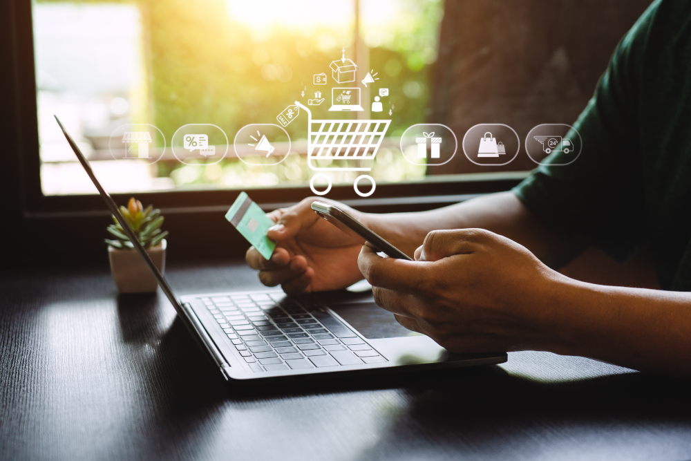 online shopping concept, businessman use smartphones and credit cards to purchase products from online stores and shop on the internet, ecommerce store, online business, convenience, competitive price