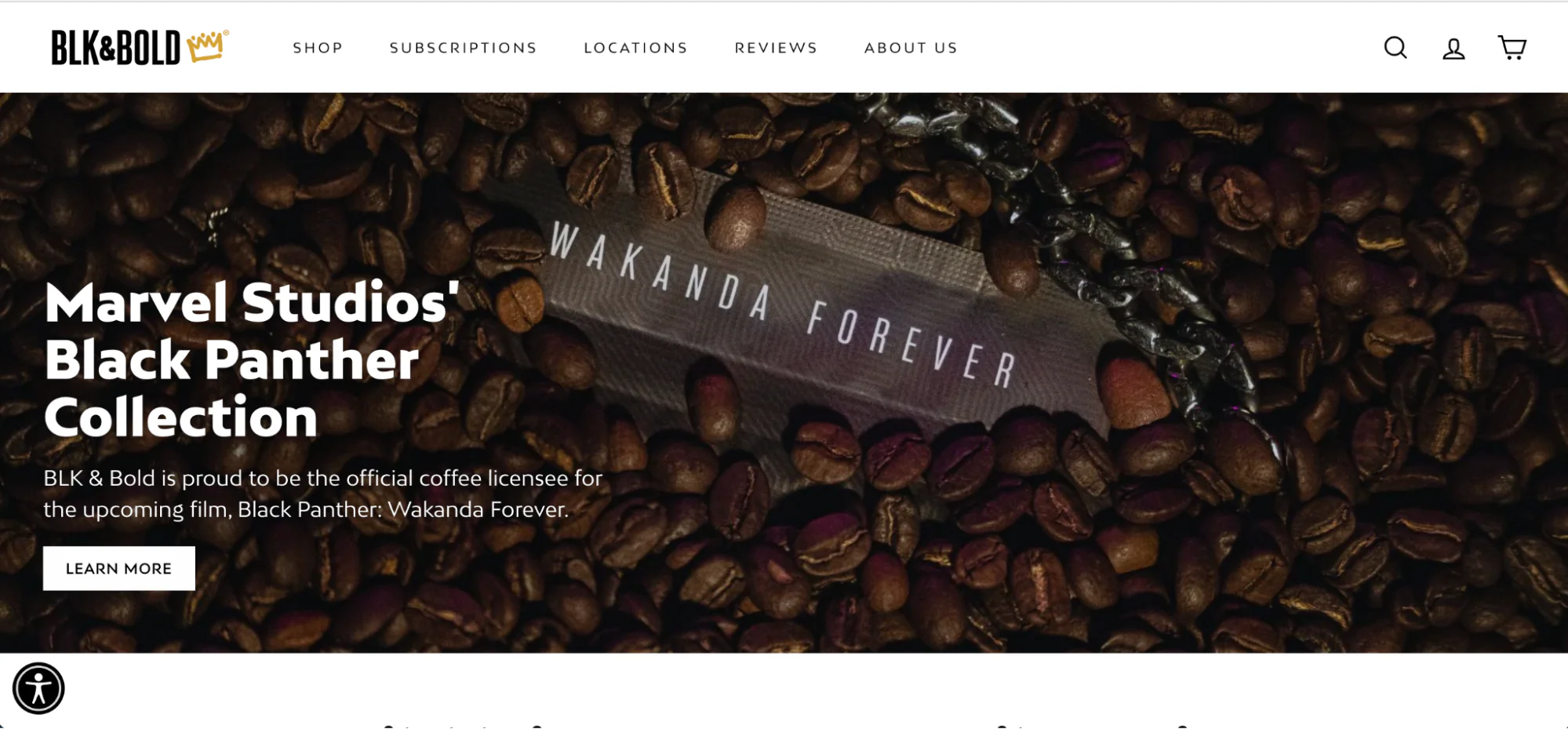 BLK and Bold coffee ecommerce website features a hero image of their Marvel Studios coffee beans.