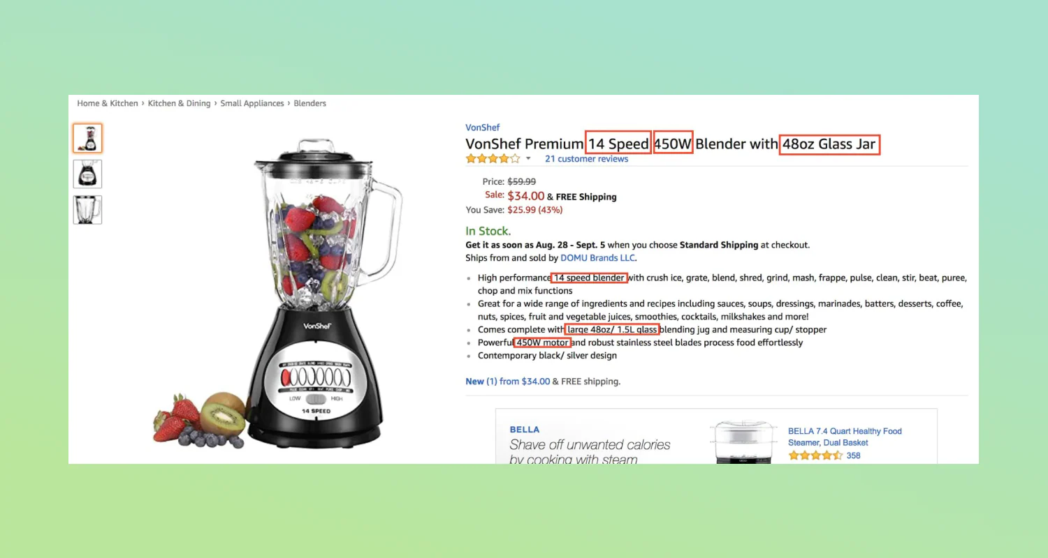 Amazon listing for a blender with related keywords highlighted.