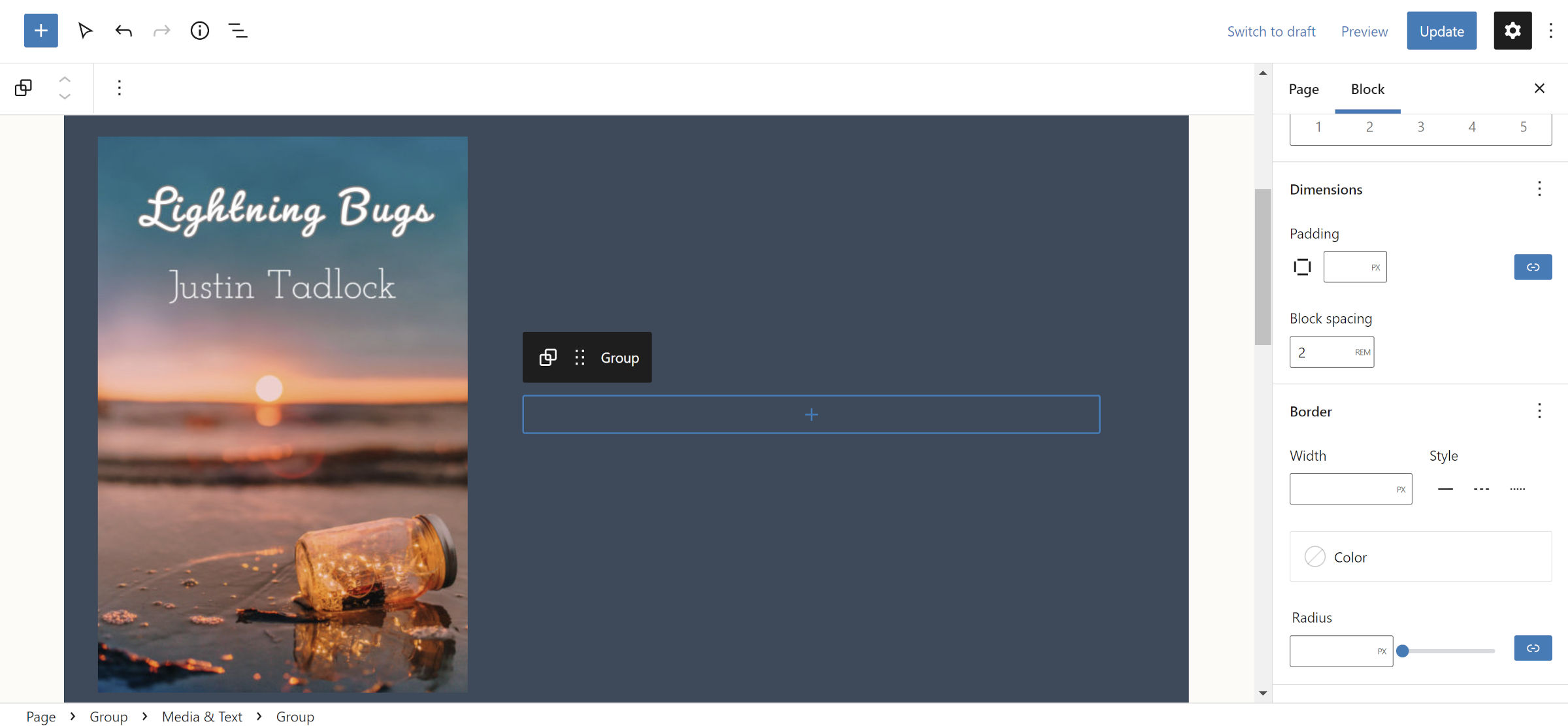 WordPress Media & Text block in the post editor.  Inside the text/content section is another Group.