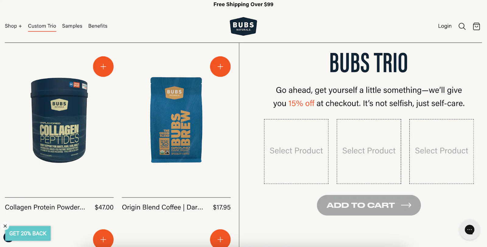 Screenshot of BUB's Naturals' product page.