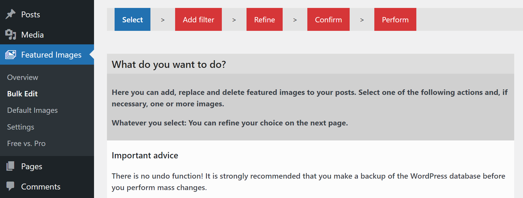 Bulk edit featured images in WordPress.