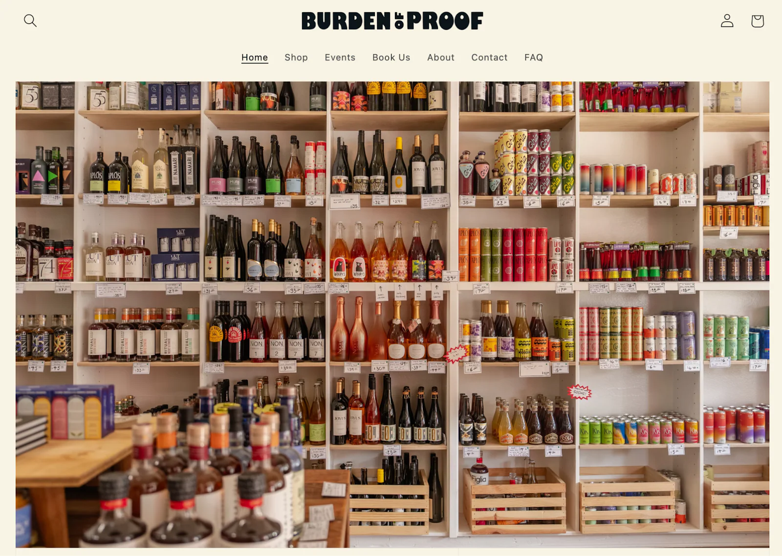 Shelves stocked with nonalcoholic drinks at specialty beverage store Burden of Proof.