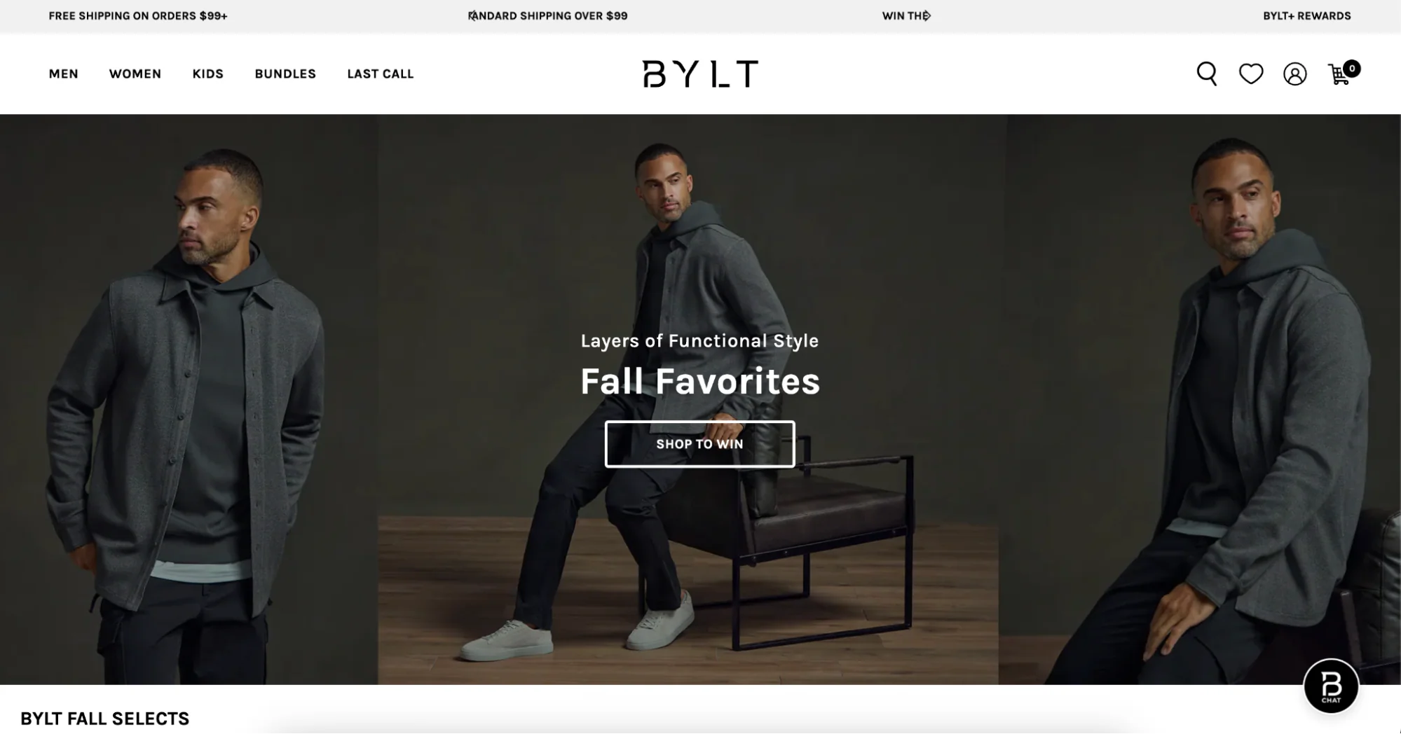 BYLT fall collection ad showing man in layered hoodie and jacket with “Fall Favorites.”