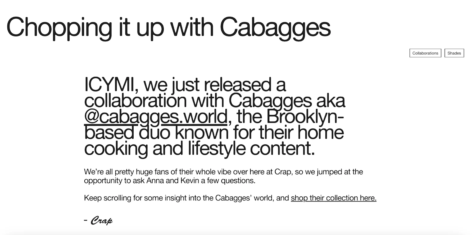 A brief Crap Eyewear blog post announcing a partnership with the brand Cabagges with an inline CTA.
