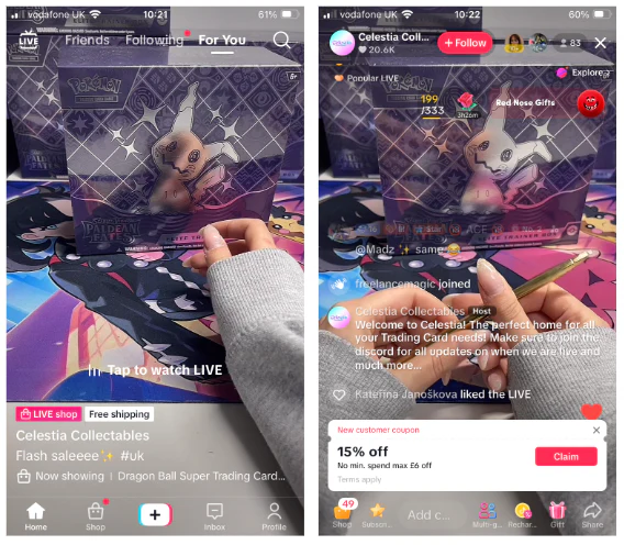 Live Shopping event from Celestia Collectables show a new customer coupon that rewards shoppers with 15% off when they make a purchase during the live event.