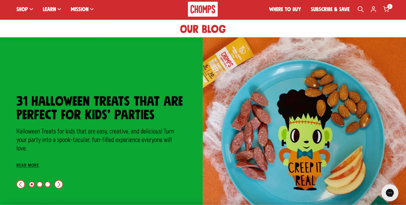 Chomps blog homepage shows featured story and thumbnail image.