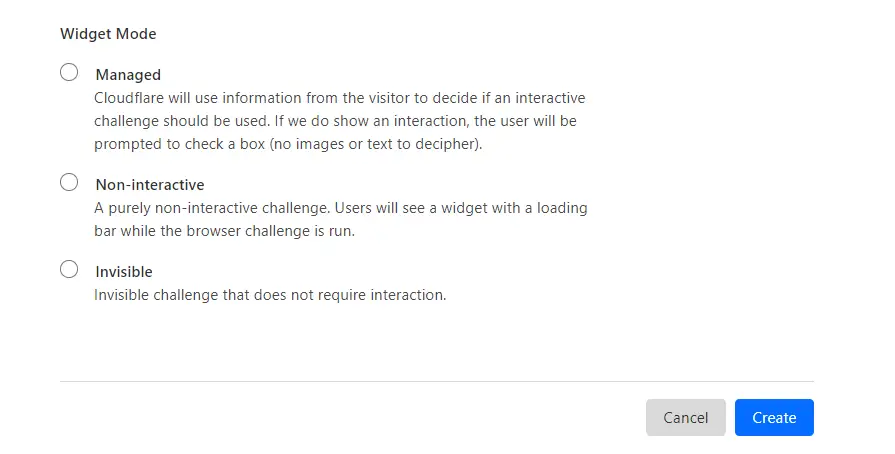 Selecting a widget mode for your Cloudflare CAPTCHA.