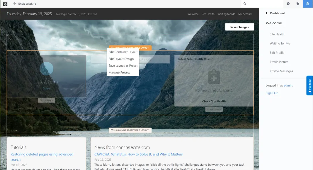 Concrete CMS page builder screen.