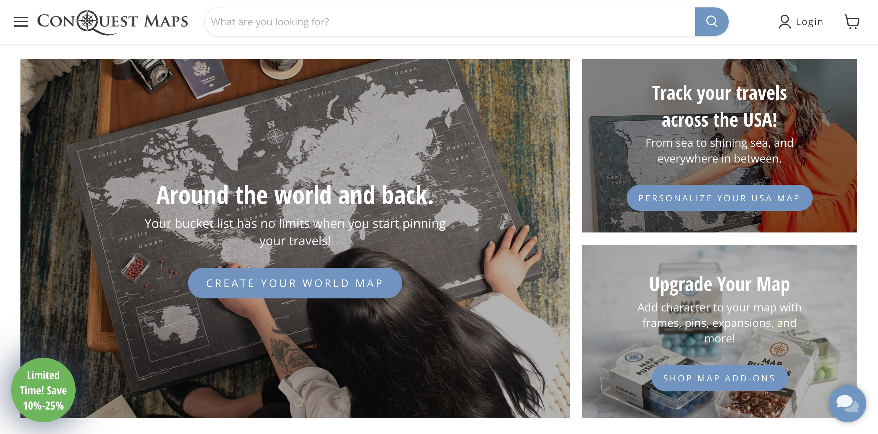 Homepage of Conquest Maps showing personalized world and USA travel maps with customization options.