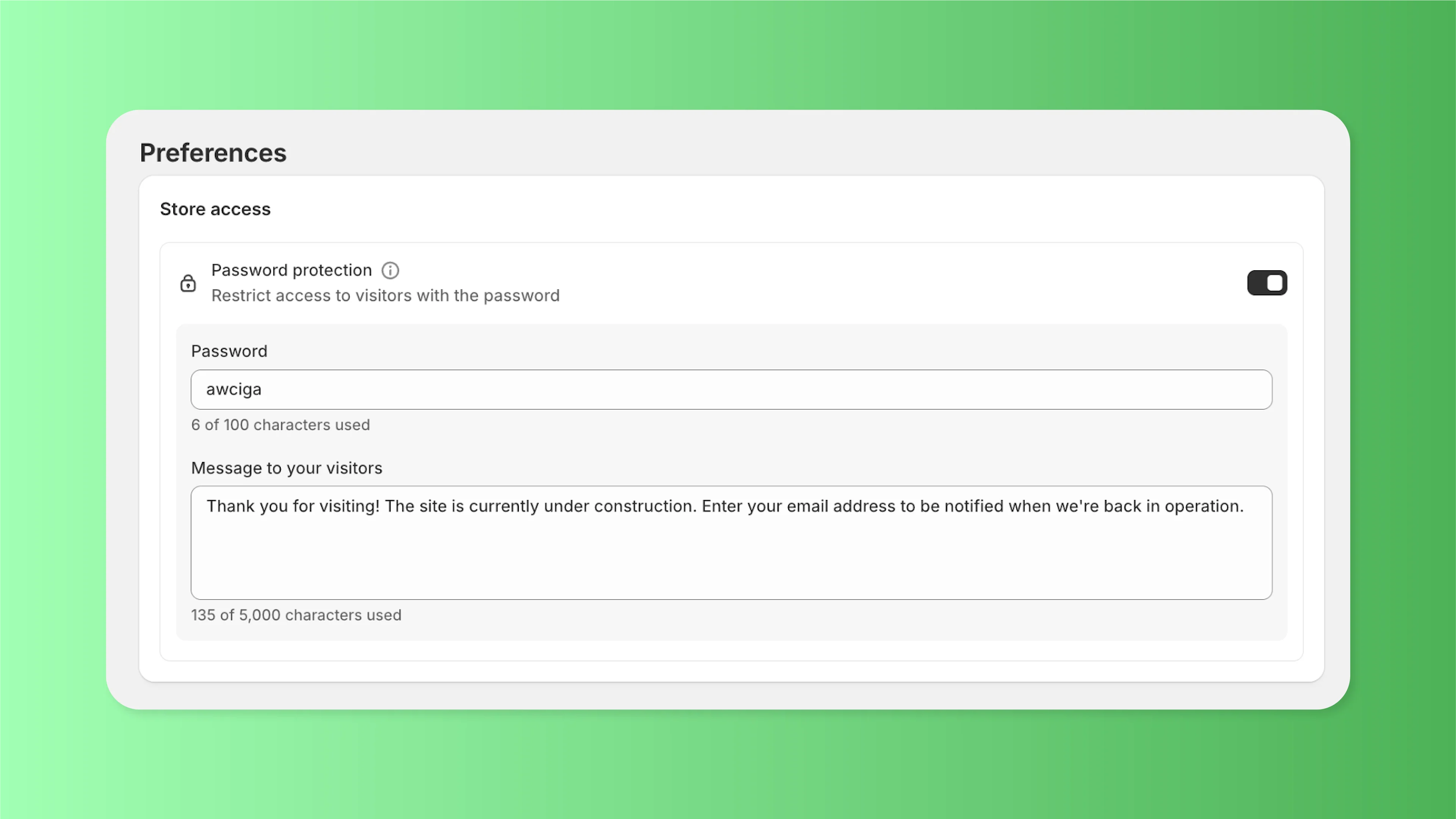 Shopify password protection field with copy for visitors to leave their email address