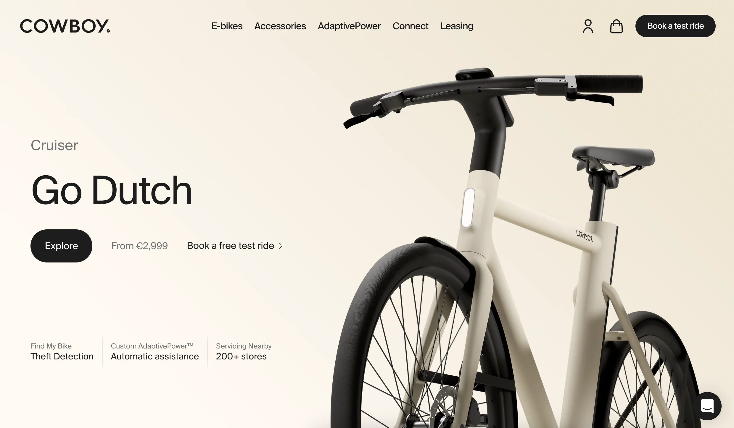 Cowboy homepage showing beige electric bike with black accents and Go Dutch tagline.