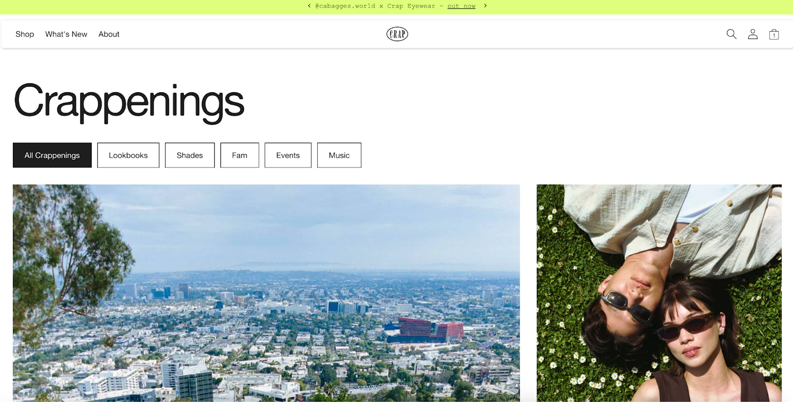 Crappenings blog homepage with content categories and thumbnail photos.