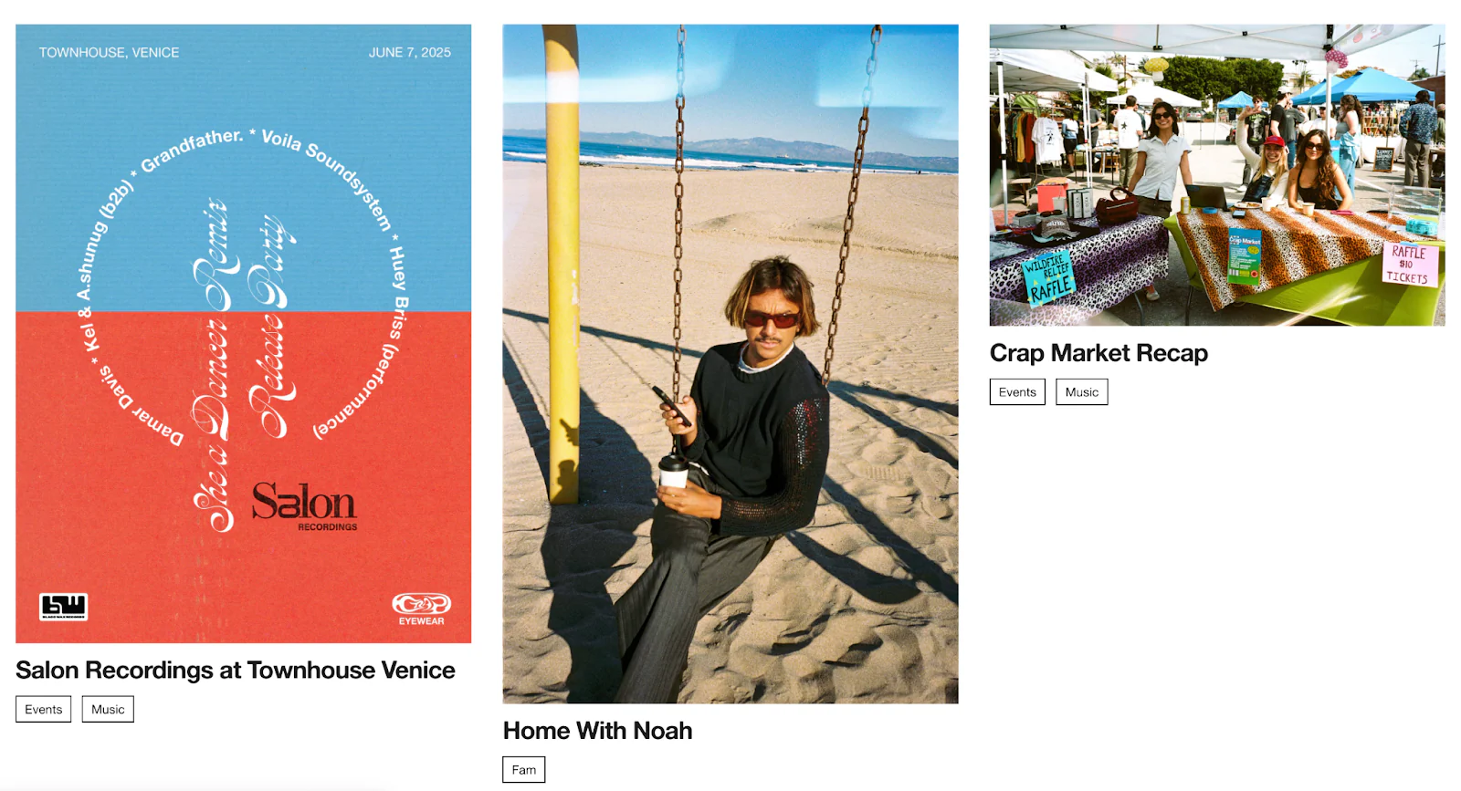 Example thumbnails of Crappenings blog posts featuring California-inspired photography.