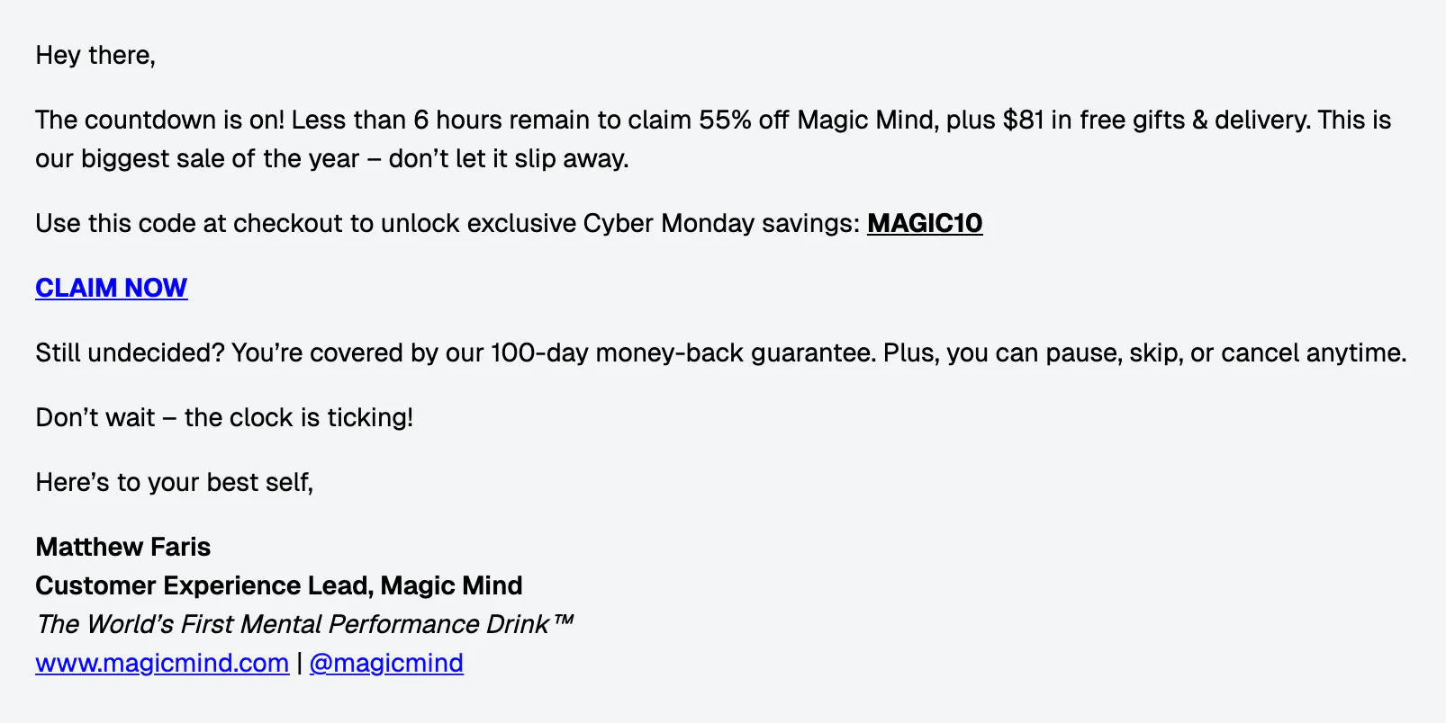 Text-based Cyber Monday email from Magic Mind offering 55% off its drinks products.