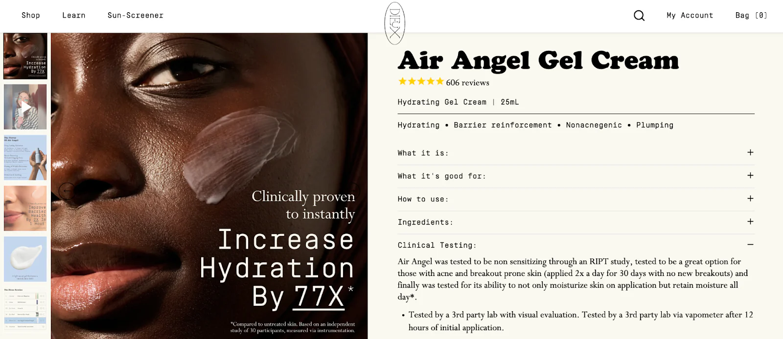 Screenshot of clinical test results on Dieux Air Angel product page.