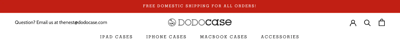dodocase navigation bar showing domestic shipping and contact