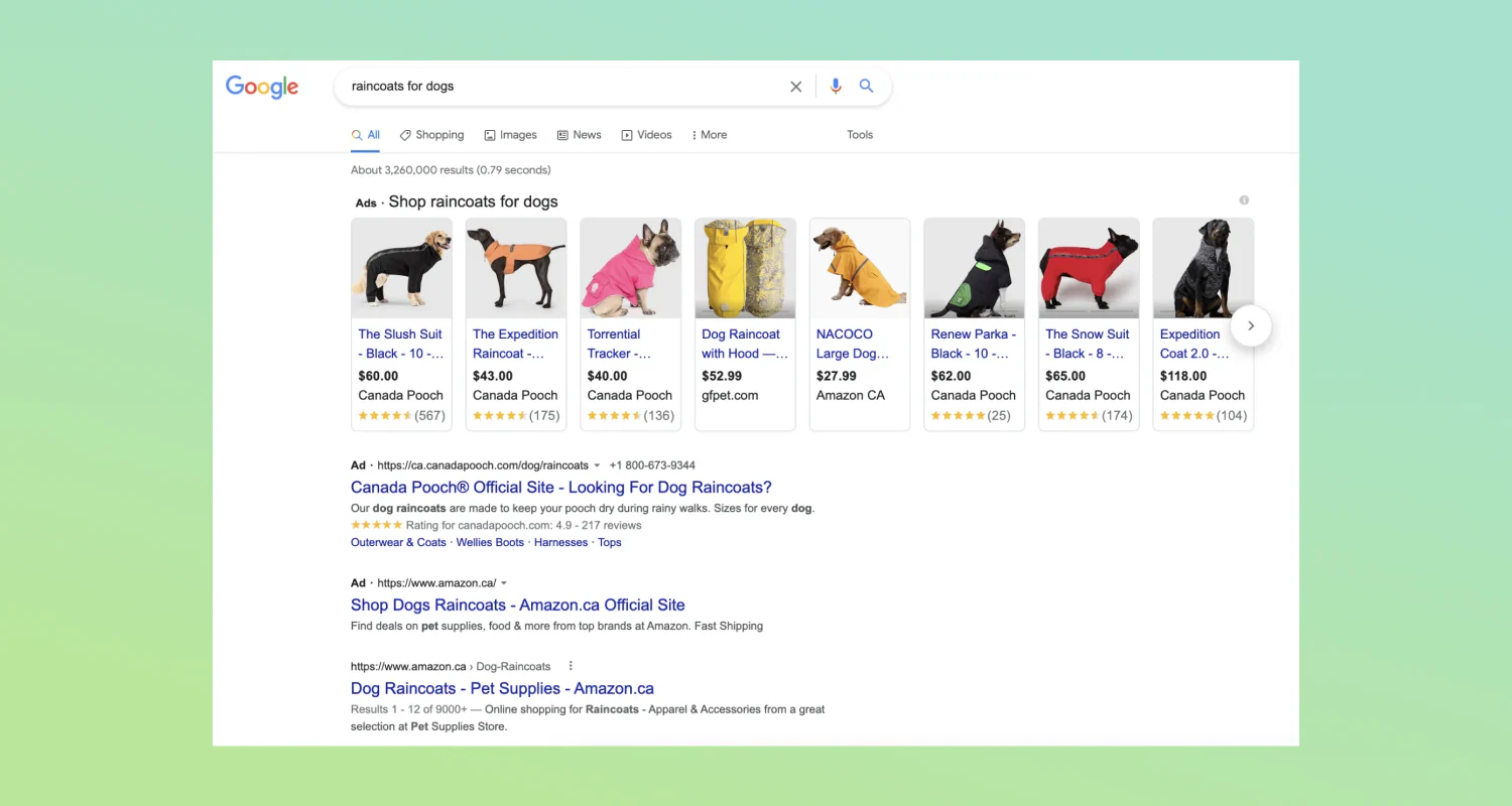 Google search results page for the commercial keyword “raincoats for dogs” with ecommerce results.