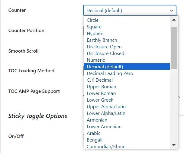 Counter settings in Easy Table of Contents