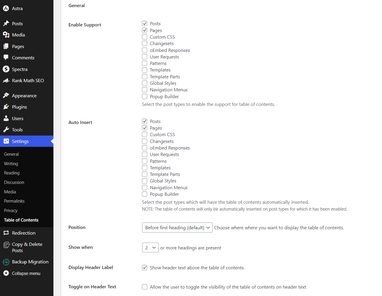 The Easy Table of Contents plugin settings screen