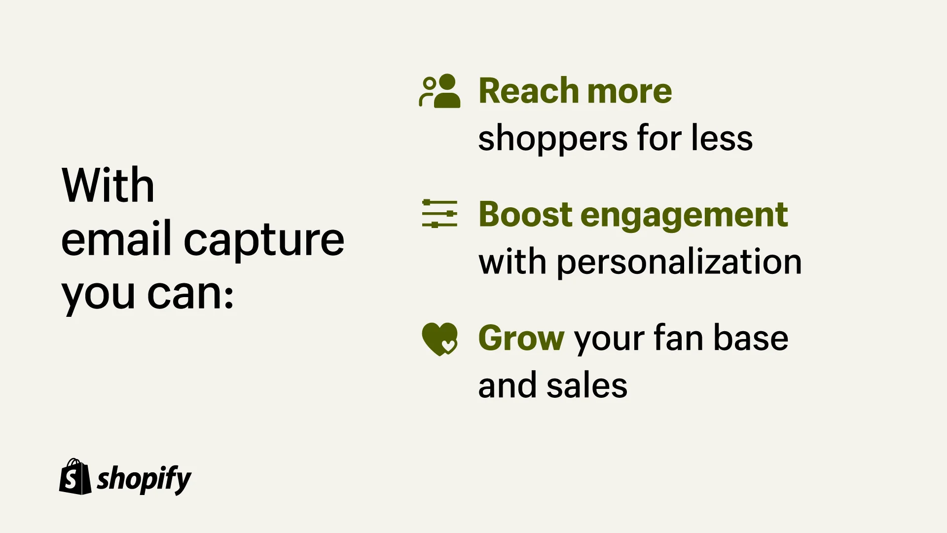 Graphic showing the benefits of Shopify POS email capture: reach more shoppers, boost engagement, and grow your fan base.