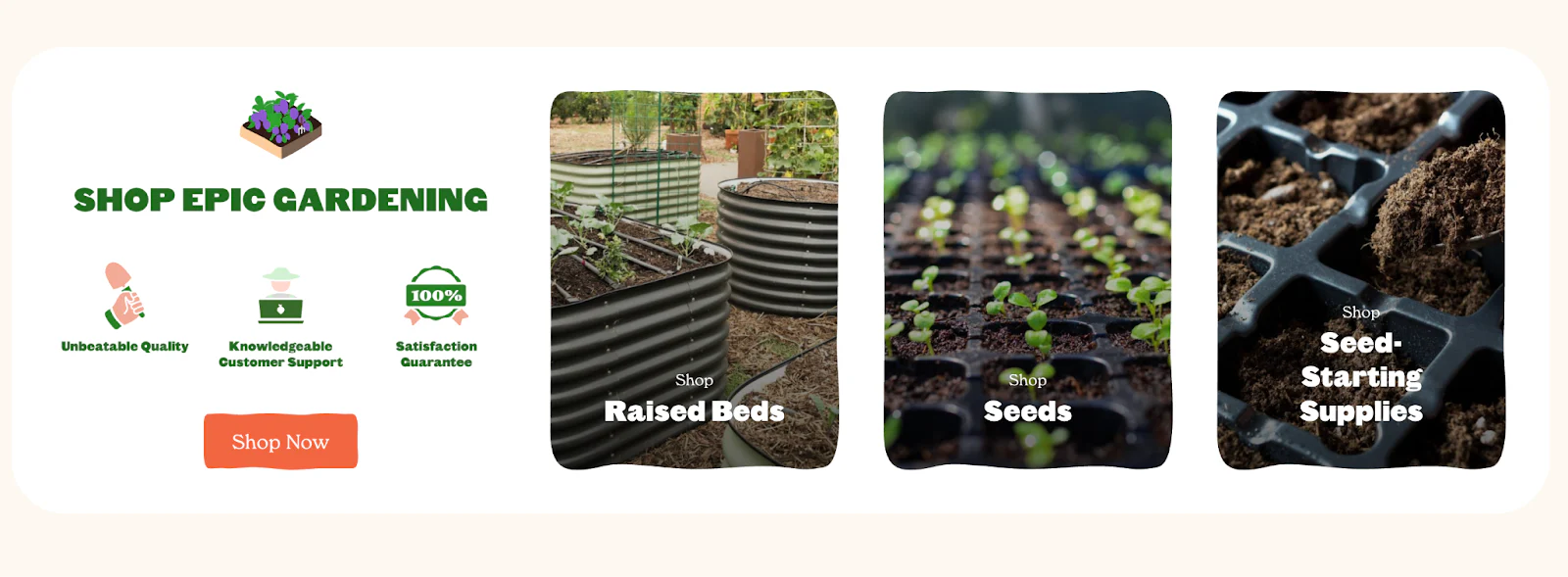 Epic Gardening blog’s shop now CTA with value props and thumbnails of the types of products to shop.